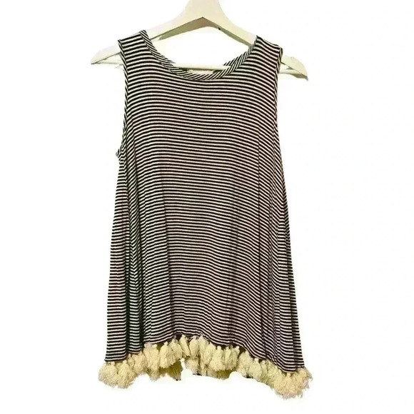 Anthropologie Pebble and Stone Women’s small sleeveless top fringe navy cream - Picture 1 of 8